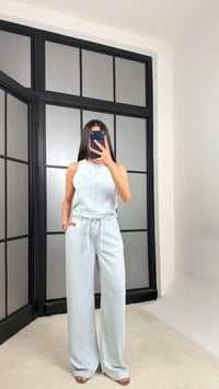 Buz Mavi Fermuarlı Bluz Beli Kuşaklı Pantolon İkili Denim Takım GAUS-01380GAUSTAKIMGAUS-01380