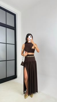 Kahve Sandy Kumaş Yırtmaçlı Etek Crop Takım GAUS-0049GAUSTAKIMGAUS-0049
