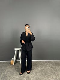 Guta Siyah Keten Karışımlı Yarım Astarlı Pantolon Kimono İkili TakımGausTAKIMGU008625