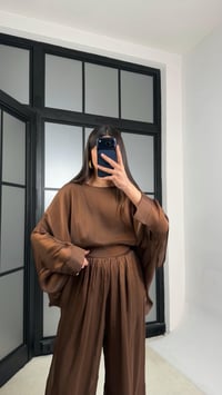 Kahve Transparan Pelerin Beli Lastikli Şalvar Pantolon Premium Tasarım Takım GAUS-01292GAUSTAKIMGAUS-01292