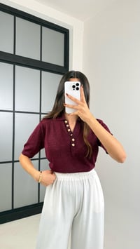 Mürdüm Simli Polo Yaka Düğmeli Triko Kazak GAUS-00469GAUSKAZAKGAUS-00469
