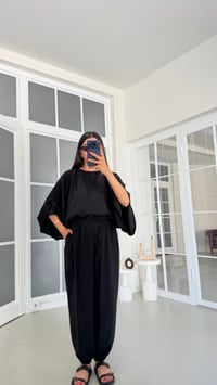 Siyah Yarasa Kol Bluz Beli Lastikli Şalvar Pantolon İkili Tencel Takım GAUS-01840GAUSSuitsGAUS-01840