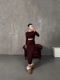 Loneva Kahve Belden Dekolteli Fitilli Yumuşak Triko ElbiseGausELBİSEGU00904393