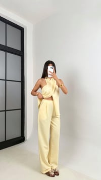 Sarı Boyundan Bağlamalı Bluz Cepli Pantolon Tasarım Keten Takım Gaus00667GausTAKIMGU1002540