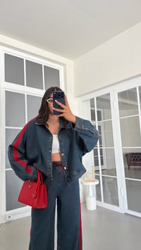 Kırmızı Şerit Detaylı Ceket Beli Lastikli Pantolon İkili Denim Takım GAUS-02094GAUSTAKIMGAUS-02094