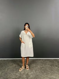 Alga Beyaz Müslin Keten Cepli Midi ElbiseGausELBİSEGU008590