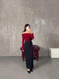 Alisa Bordo Siyah Kayık Yaka ElbiseGausELBİSEGU10028