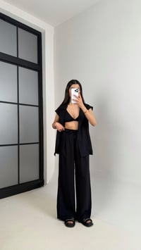 Siyah Cepli Kuşaklı Yelek Beli Lastikli Pantolon Tencel Takım Gaus00433GausTAKIMGU1002007
