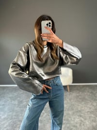 Gri Parlak Crop Şardonlu SweatGausSWEATSHIRTGU002846