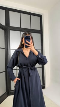 Lacivert Beli Lastikli Kuşaklı Tencel Elbise GAUS-01286GAUSELBİSEGAUS-01286