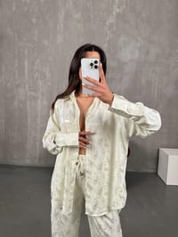 Babe Krem Desenli Saten Gömlek Pantolon Jakarlı TakımGausTAKIMGU100825