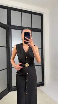 Siyah Kuşaklı Gold Düğme Detaylı Premium Elbise GAUS-01448GAUSELBİSEGAUS-01448