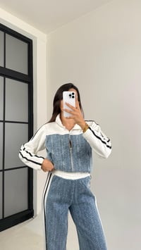 Beyaz Şeritli Denim Detaylı Hırka Beli Lastikli Pantolon İkili Takım GAUS-00113GAUSTAKIMGAUS-00113