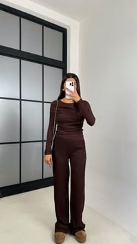 Kahve Yaka Detaylı Bluz Beli Lastikli Pantolon Gofre Kumaş Takım GAUS-00229GAUSTAKIMGAUS-00229