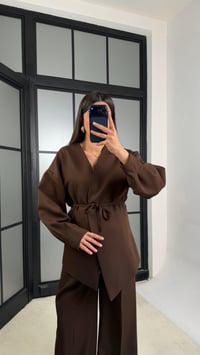 Kahve Belden Kuşaklı Ceket Beli Lastikli Pantolon İkili Takım GAUS-01206GAUSSuitsGAUS-01206