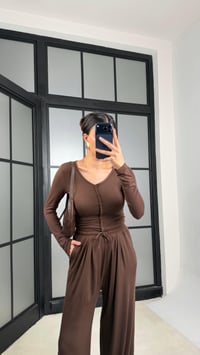 Kahve Düğmeli Bluz Beli Lastikli Eşofman Kaşmir Dokulu Takım GAUS-01333GAUSSuitsGAUS-01333