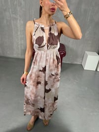 Kahve Desenli Sırt Dekolteli Beli Lastikli Saten Tulum Gaus00209GausTULUMGU1001491