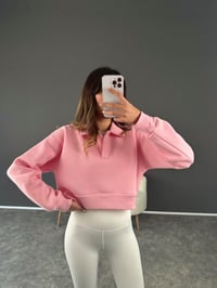 Pembe Polo Yaka Şardonlu Crop Sweatshirt GausSWEATSHIRTGU002622