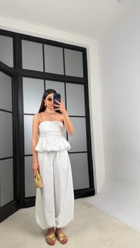 Beyaz Balon Bluz Beli Lastikli Şalvar Pantolon İkili Premium Takım GAUS-01569GAUSTAKIMGAUS-01569