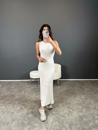 Yuna Ekru Bisiklet Yaka Kolsuz Fitilli Triko Uzun ElbiseGausELBİSEGU004489