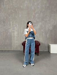 Alvin Beyaz Şeritli Kısa Kollu Fermuarlı Denim Karışımlı Üst Alt TakımGausTAKIMGU100850