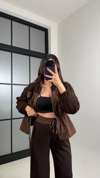 Kahve Beli Lastikli Ceket Pantolon Paraşüt Örgü Detaylı Modal Takım GAUS-00964GAUSTAKIMGAUS-00964