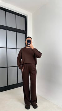 Kahve Bisiklet Yaka Sweatshirt Beli Lastikli Eşofman İkili Modal Takım GAUS-00598GAUSTAKIMGAUS-00598