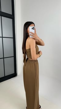 Kahve Boyundan Bağlamalı Crop Beli Lastikli Cepli Pantolon Keten Takım Gaus00418GausTAKIMGU1001977