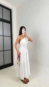 Beyaz Ayarlanabilir Askılı Korse Detaylı Astarlı Keten Elbise Gaus00640GausELBİSEGU1002491