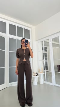Kahve Çift Fermuarlı Bluz Beli Lastikli Pantolon İkili Triko Takım GAUS-01902GAUSTAKIMGAUS-01902