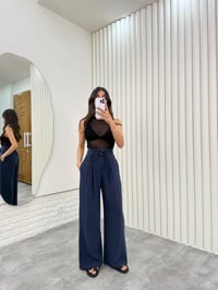 Lacivert Kuşaklı Tensel Kırışık Kumaş Palazzo Pantolon Gaus00302GausPANTOLONGU1001691
