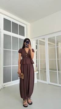 Kahve Gold Düğme Detaylı Peplum Bluz Beli Lastikli Şalvar Pantolon İkili Modal Takım GAUS-01673GAUSSuitsGAUS-01673