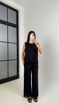Siyah Püskül Detaylı Bluz Beli Lastikli Cepli Pantolon Keten Takım Gaus00646 GausTAKIMGU1002501