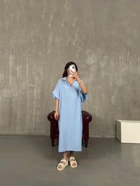 Mavi V Polo Yaka Yandan Yırtmaçlı Keten Elbise Gaus00164GausELBİSEGU1001377