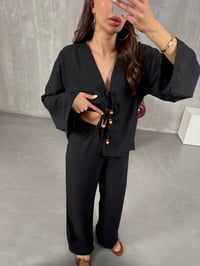 Siyah Önden Bağlamalı Keten Kimono Takım Gaus00101GausTAKIMGU1001220