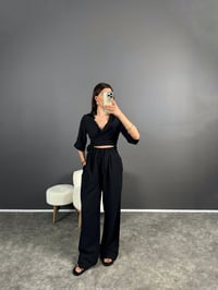 Siyah Müslin Kumaş Bağlama Detaylı Pantolon TakımGausTAKIMGU007936