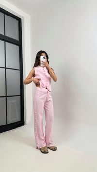 Pembe Düğmeli Tasarım Yelek Pantolon Keten Takım Gaus00339GausTAKIMGU1001790