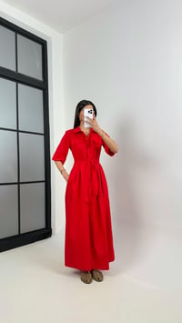 Kırmızı Önü Düğmeli Kuşaklı Poplin Elbise Gaus00369GausELBİSEGU1001860