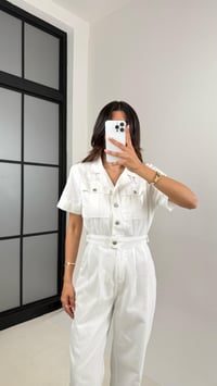 Beyaz Cep Detaylı Düğmeli İnce Denim Tulum Gaus00529GausTULUMGU1002239