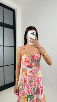 Pembe Desenli Önü Düğmeli Sırt Dekolteli Pinterest Keten Elbise Gaus00673GausELBİSEGU1002551