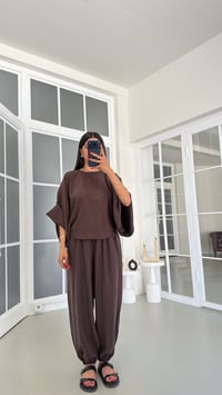 Kahve Yarasa Kol Bluz Beli Lastikli Şalvar Pantolon İkili Tencel Takım GAUS-01840GAUSSuitsGAUS-01840