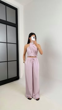 Lila Boyundan Bağlamalı Crop Beli Lastikli Cepli Pantolon Keten Takım Gaus00418GausTAKIMGU1001979