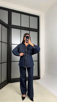 Lacivert Kuşaklı Fermuarlı Ceket Pantolon İkili Denim Takım GAUS-01197GAUSTAKIMGAUS-01197