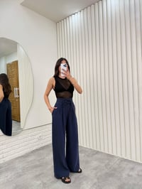 Lacivert Kuşaklı Tensel Kırışık Kumaş Palazzo Pantolon Gaus00302GausPANTOLONGU1001691