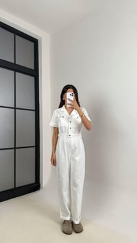 Beyaz Cep Detaylı Düğmeli İnce Denim Tulum Gaus00529GausTULUMGU1002239