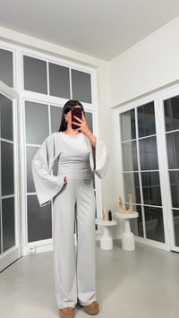 Gri Geniş Kol Bluz Beli Lastikli Pantolon İkili Kaşmir Dokulu Selanik Kumaş Takım GAUS-02293GAUSTAKIMGAUS-02293