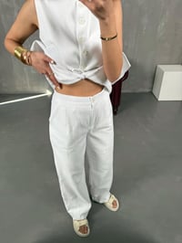 Beyaz Astarlı İp Bağlamalı Yelek Pantolon Keten Takım Gaus0001GausTAKIMGU100976