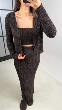 Acı Kahve Hırka Crop Beli Lastikli Yırtmaç Detaylı Etek Triko Takım GAUS-00969GAUSTAKIMGAUS-00969