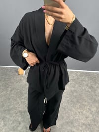 Guta Siyah Keten Karışımlı Yarım Astarlı Pantolon Kimono İkili TakımGausTAKIMGU008625