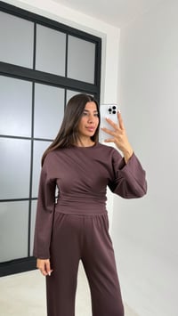 Kahve Yarasa Kol Bluz Beli Lastikli Pantolon Tasarım Modal Takım GAUS-00572GAUSTAKIMGAUS-00572